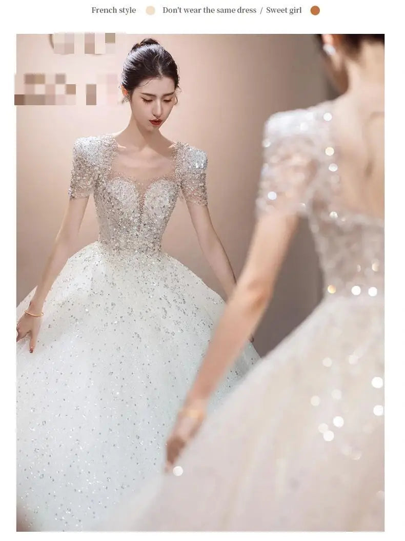 Ball Gown Royal Sweetheart Short Sleeve Lace Beaded Glitter