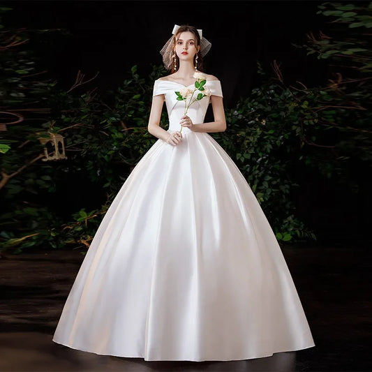 New Satin Wedding Dress Simple Boat Neck Short Sleeve Ball Gown