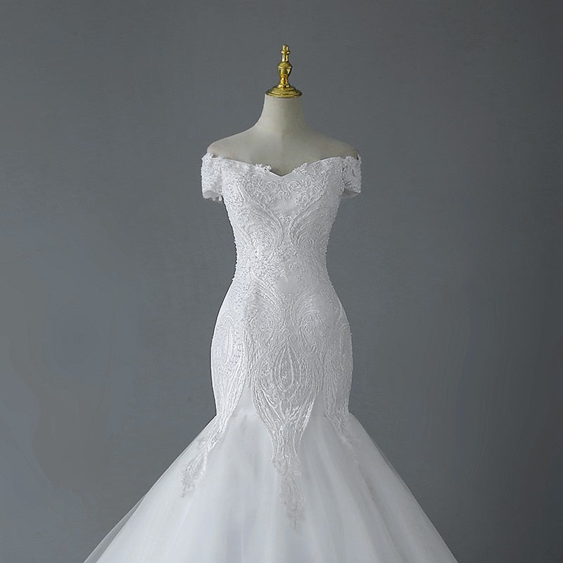 Handmade Beading Mermaid Wedding Dress Off The Shoulder Lace Embroidery