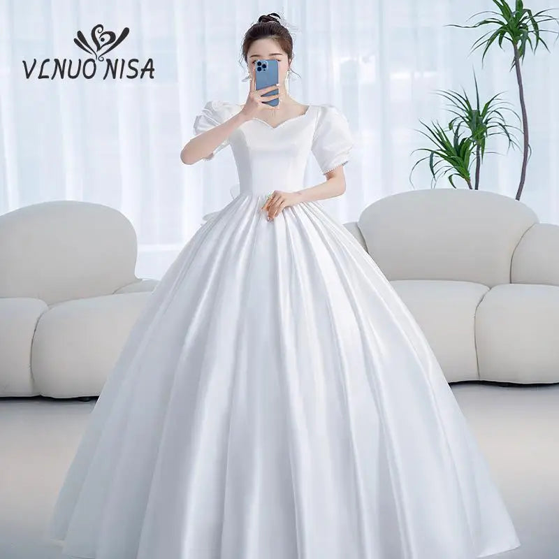 Satin Wedding Dress Sweetheart Short Sleeves Elegant Bride Ball Gown Custom Plus Size
