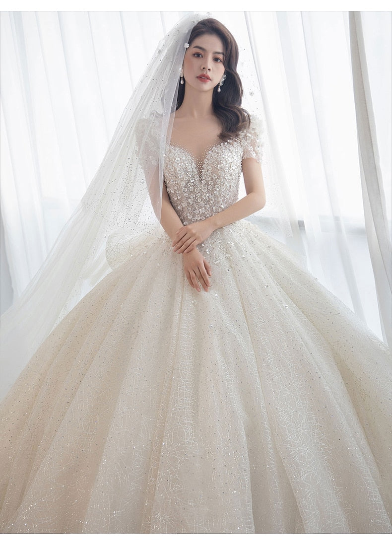 Handmade Luxury Shining Sequins Princess Ball Gown With Sweep Train Vintage