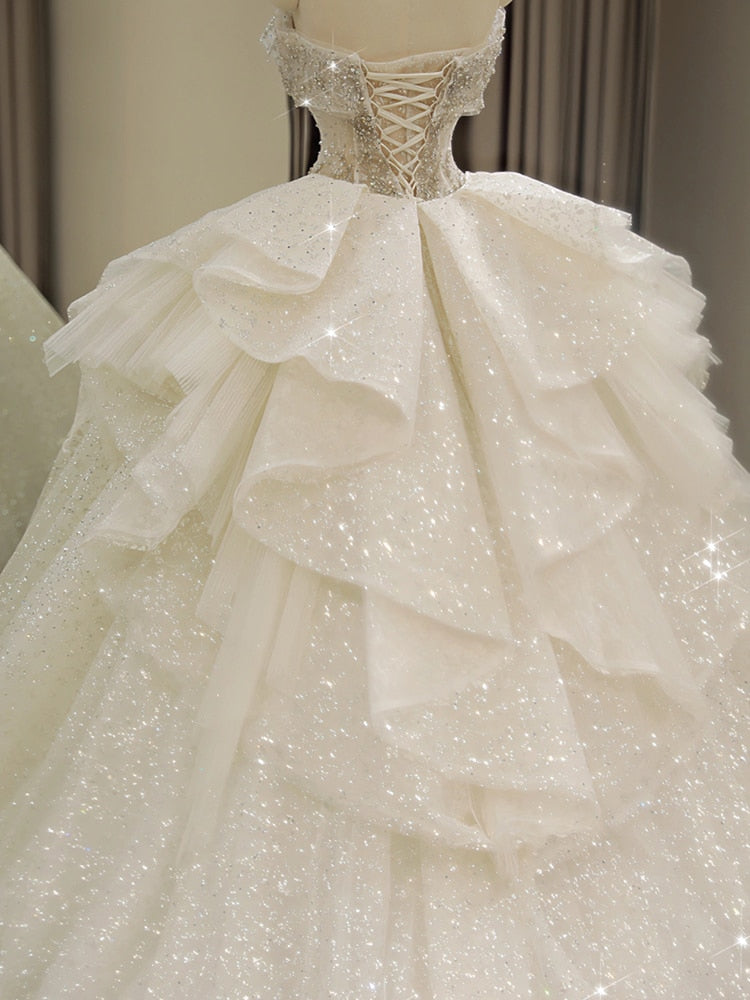 Off The Shoulder  Lace Up Bridal Ball Gown Large Train Plus Size Made Custom