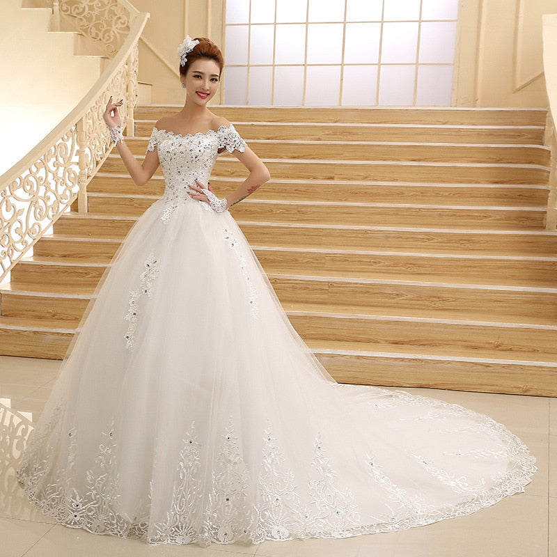 Off The Shoulder Vintage Lace Long Train Wedding Dresses 2023 Vestido De Noiv Plus Size Bridal Dress Wedding Gowns
