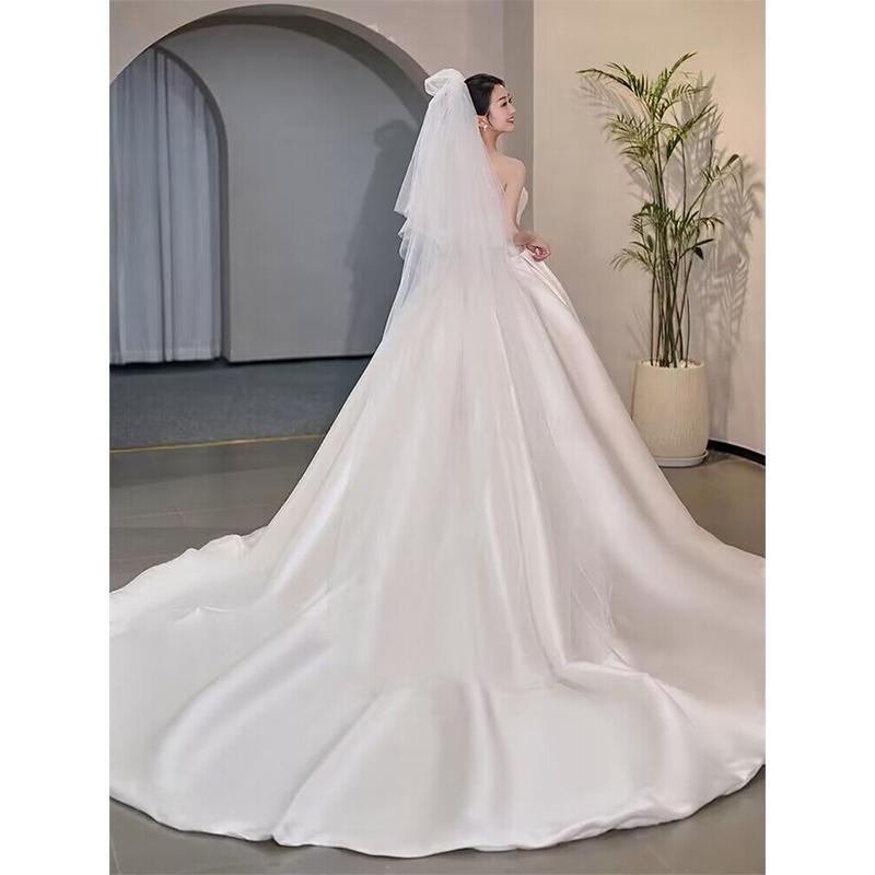 Simple Strapless Satin Wedding Dress Lace Up Train Princess