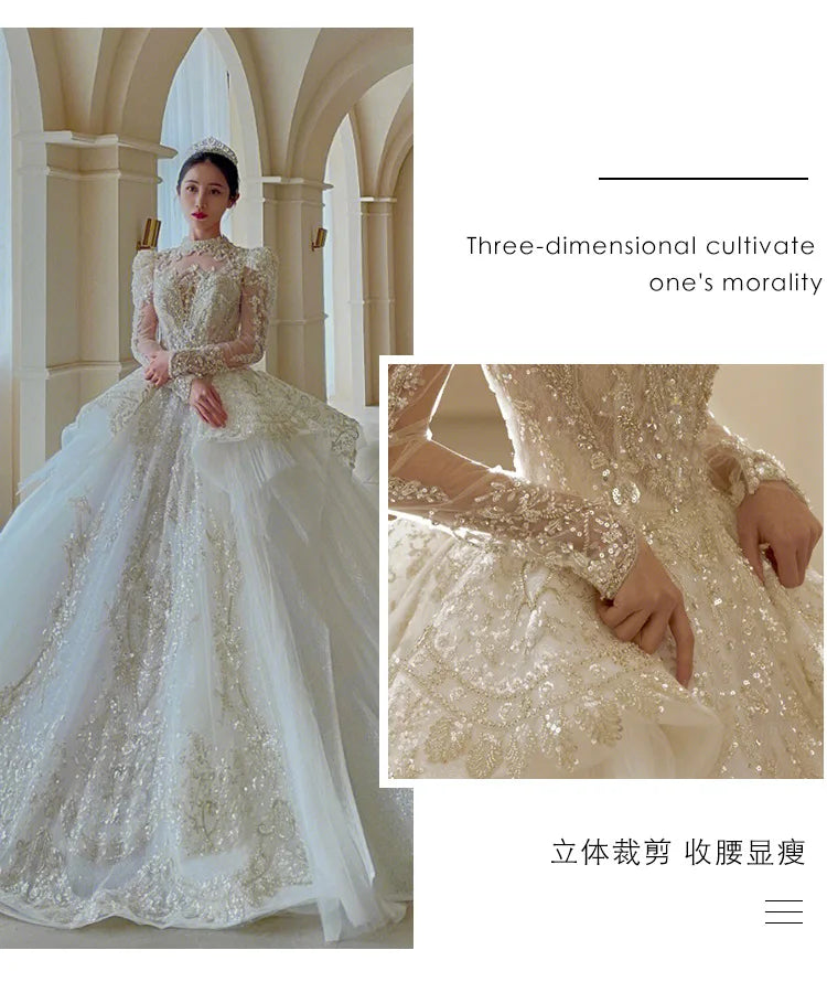 Bridal veil Long Sleeve shining sequin trailing French Luxury gown