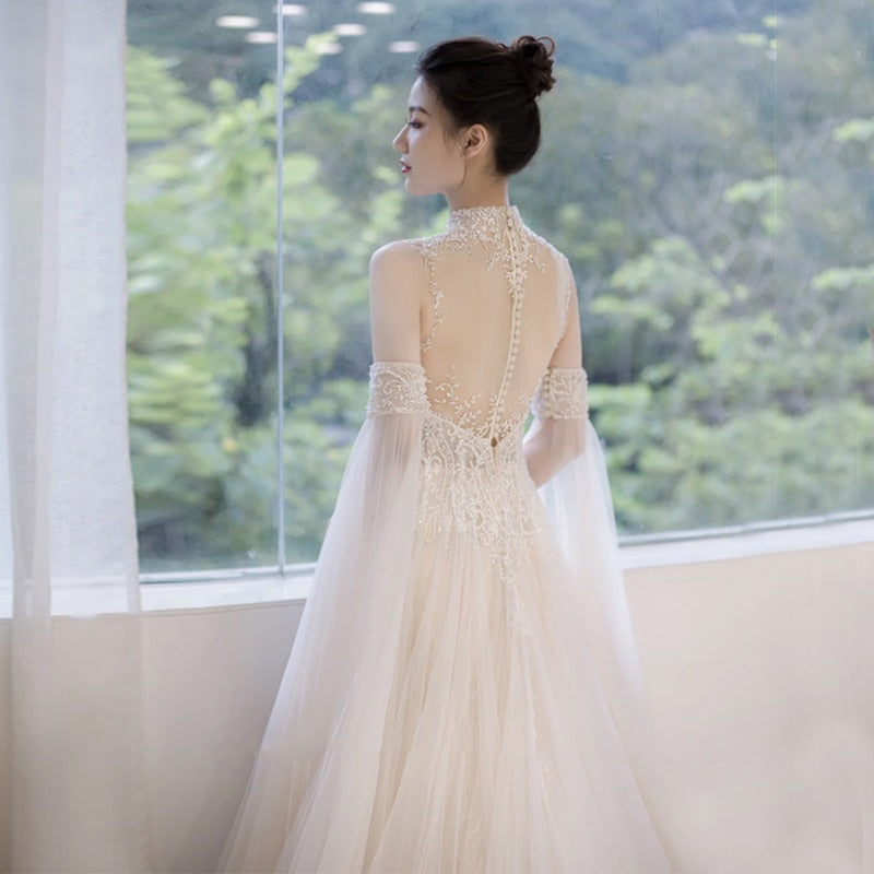 Wedding Dress French Style With Detachable Cap Luxury Embroidery Zipper With Buttones