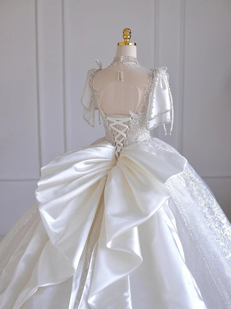 Boat Neck With Pearl Lace Up Bridal Short Sleeve Glittery Flower Satin Wedding Dress