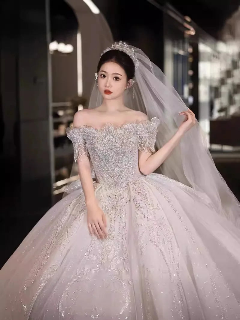 Boat Neck Handmade Beading Exquisite Off The Shoulder Princess Ball Gowns