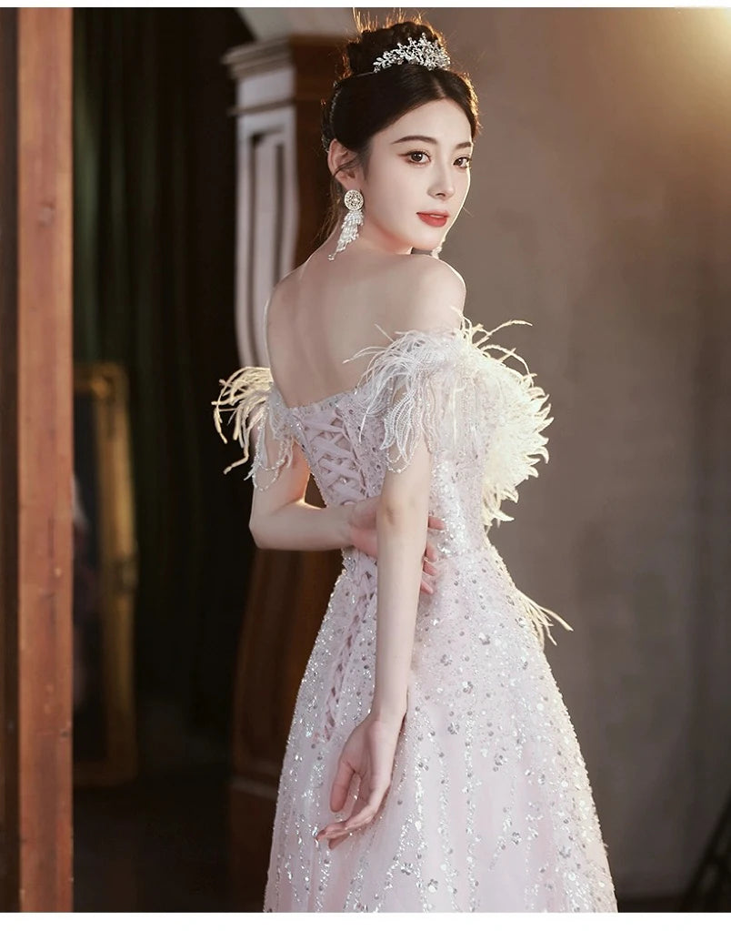 Pink Evening Dresses Off the Shoulder Lace-up Sequins Floor-Length A-line Sleeveless