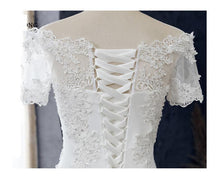Load image into Gallery viewer, Lace Applique Wedding Dress Boat Neck Lace Up Short Sleeve Mermaid Bridal Dress
