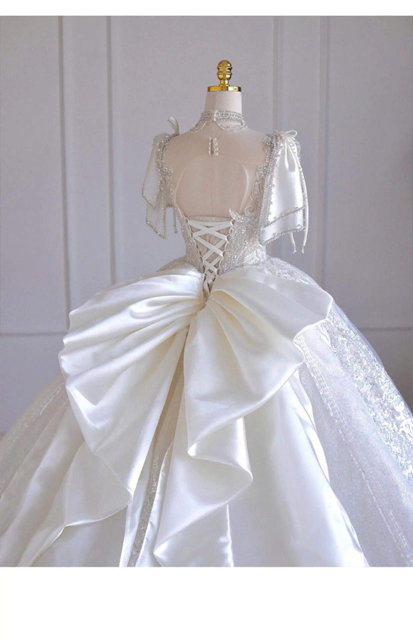 Boat Neck With Pearl Lace Up Bridal Short Sleeve Glittery Flower Satin Wedding Dress
