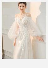 Load image into Gallery viewer, Lace Up Wedding Dress Simple Lantern Sleeve Lace Applique Bridal Dress
