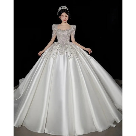 Luxury Stain Exquisite Wedding Dresses Boat Neck With Handmade Beading Ball Gowns
