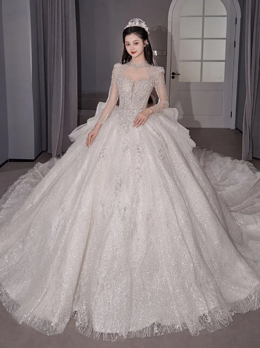 Lace Beading Vintage High Neck Long Sleeves Bridal Ball Gown