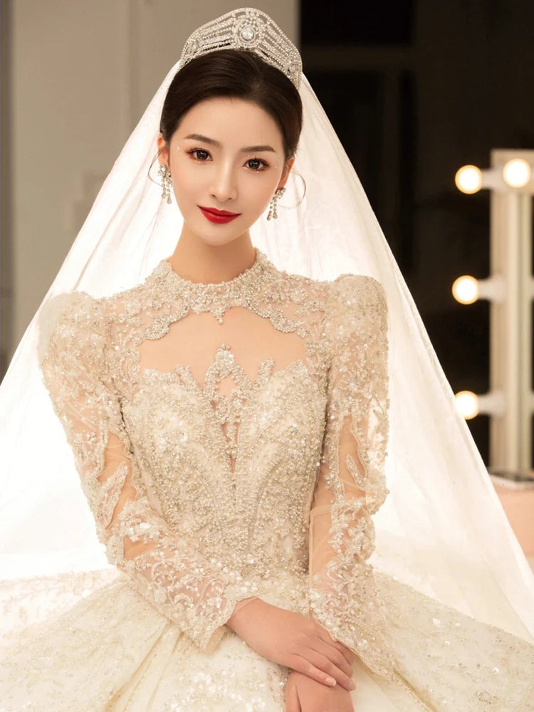 Winter Retro Vintage Wedding Dress For Bridals Long Sleeve Lace Appliques Beading Princess Ball Gown