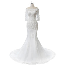 Load image into Gallery viewer, Boat Neck Mermaid Wedding Dress Lace Up Applique Bridal Dress
