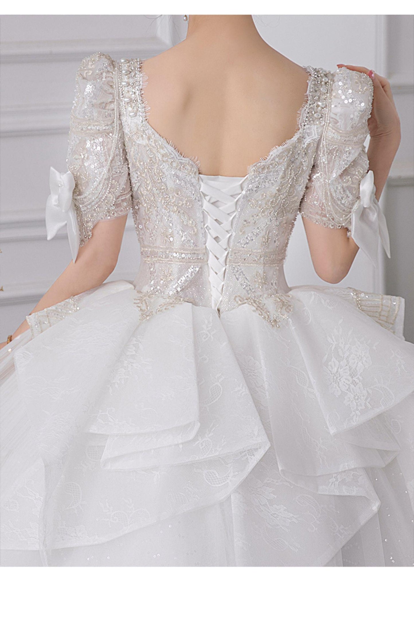 Luxury Short Sleeve With Bow Lace Up Bridal Ball Gown