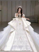 Load image into Gallery viewer, Boat Neck Satin Sweep Train Princess Wedding Gown Lace Embroidery
