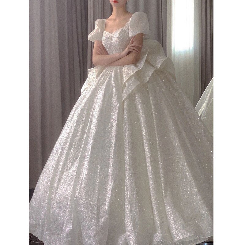 Sweetheart Beading Pearls Puff Sleeve Big Butterfly Back Lace Up Wedding Gowns