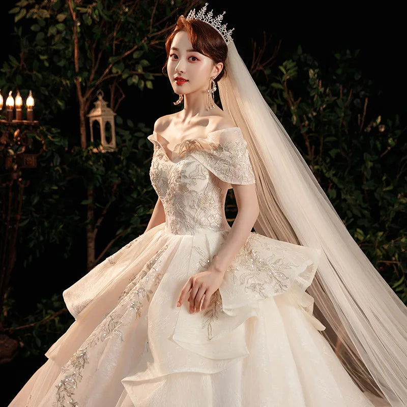 Simple Wedding Dress Off The Shoulder Sweep Train Bridal Dress Lace Embroidery Plus Size Custom Made