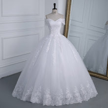 Load image into Gallery viewer, Off The Shoulder Plus Size Lace Wedding Dress Long Train Appliqes Pearls Bridal Tulle
