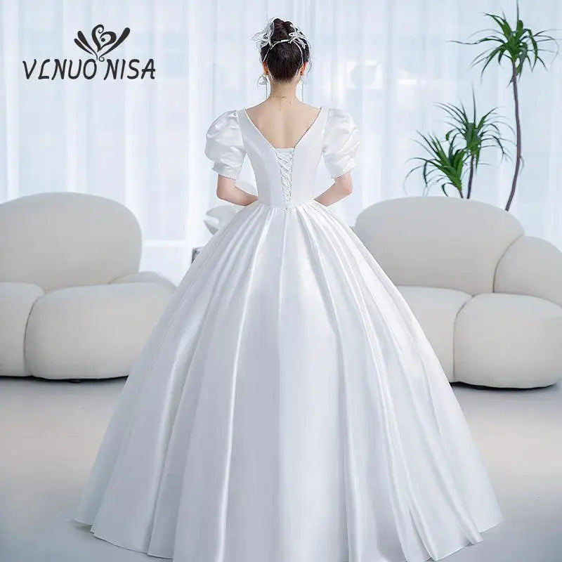 Satin Wedding Dress Sweetheart Short Sleeves Elegant Bride Ball Gown Custom Plus Size