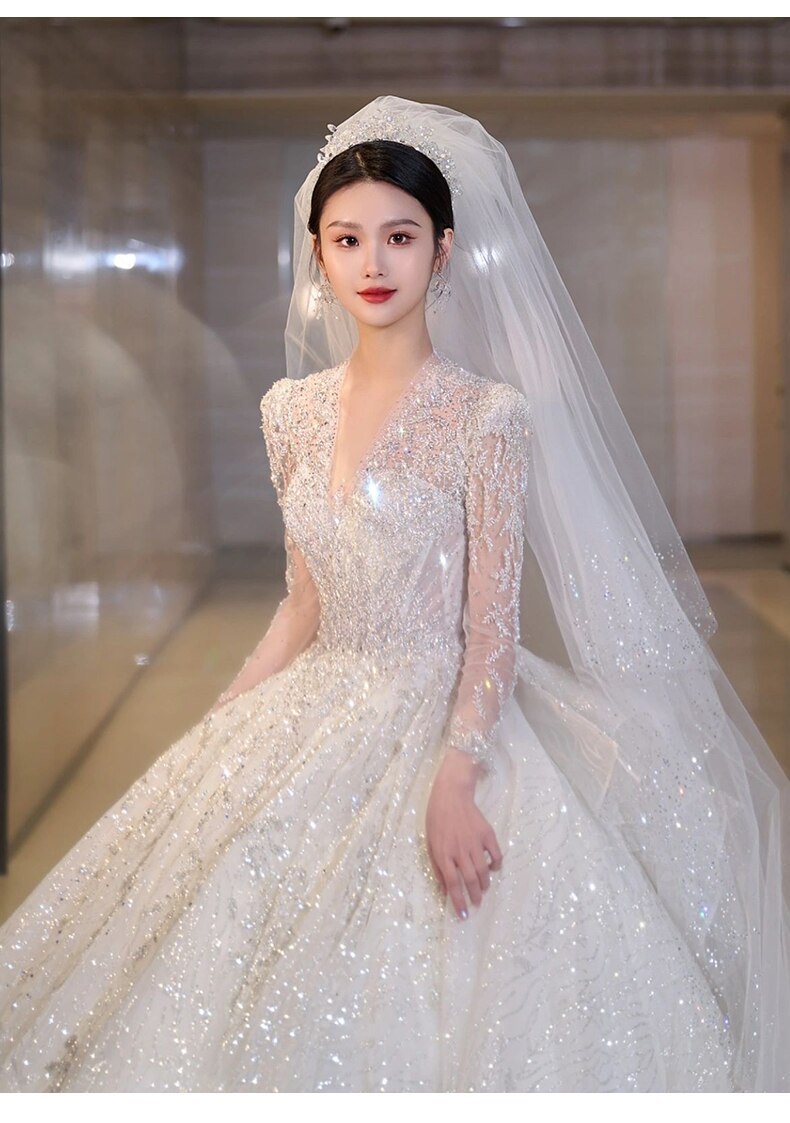 Luxury Glittery Long Sleeve Lace Up Bridal Dress