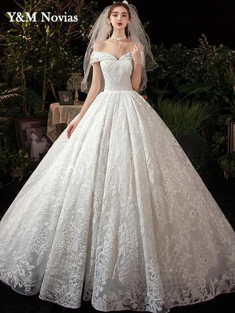Glitter White Long Lace Sequin Royal Train Bride Gowns
