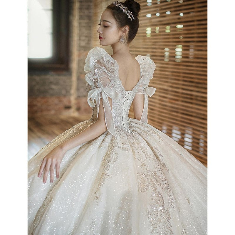 Short Sleeve Embroidered Tulle Ball Gown Wedding Gowns Shinny Princess