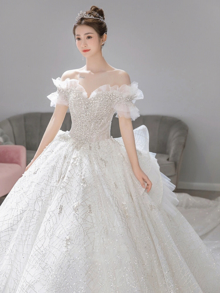 Luxury Wedding Dress Off The Shoulder Bridal Dress Lace Applique  Custom Made