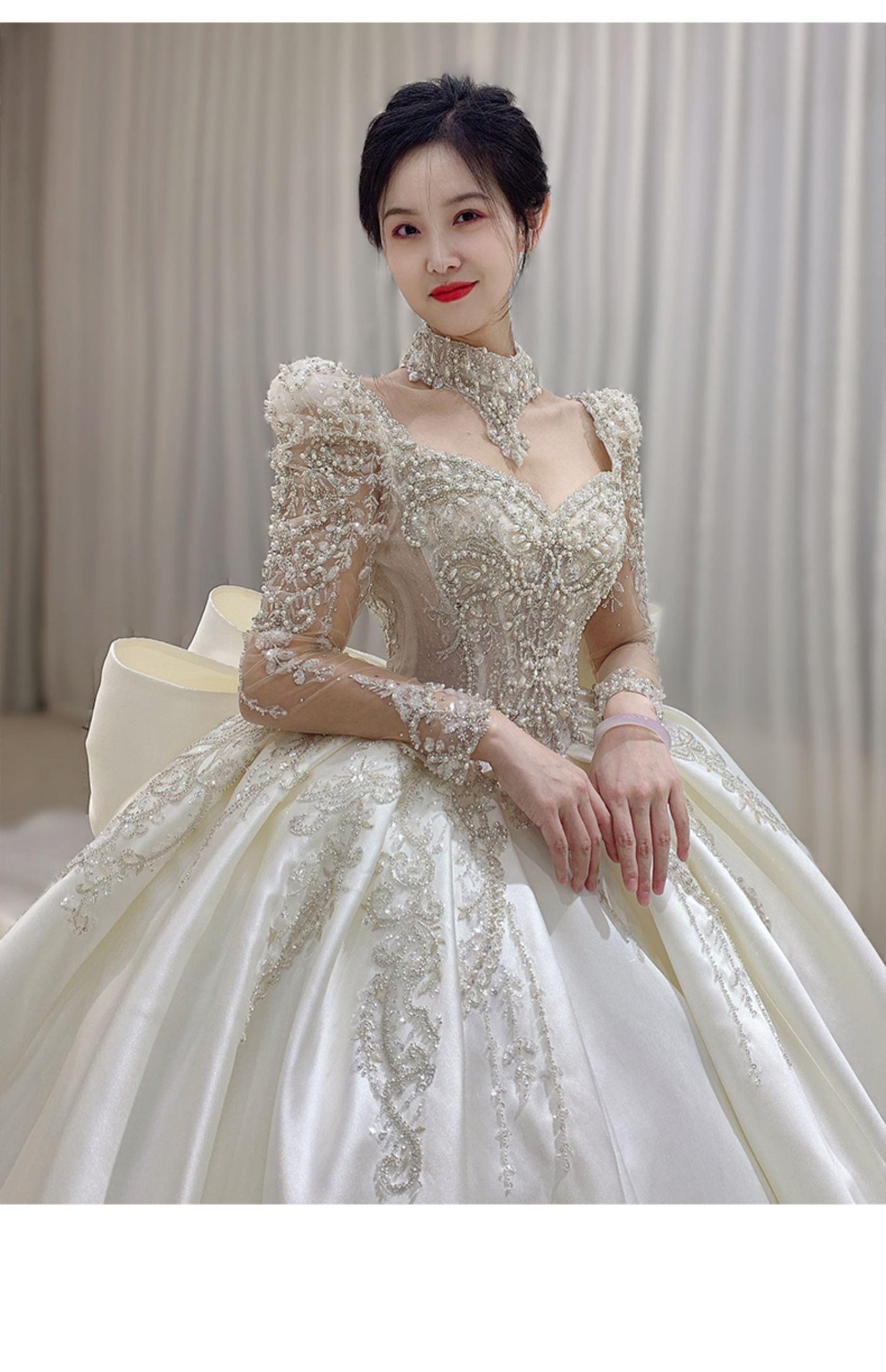 Long Sleeve Wedding Trailing Satin Lace Embroidery Bridal Dresses
