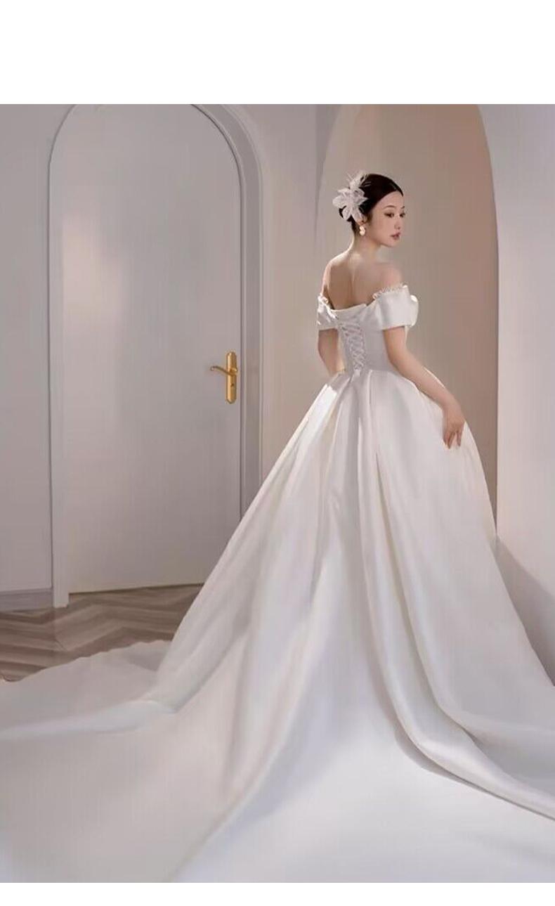 Simple Off The Shoulder Satin Wedding Dress Boat Neck