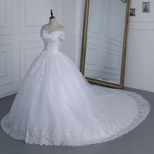 Load image into Gallery viewer, Off Shoulder Appliqes Pearls Long Train Bridal Gowns
