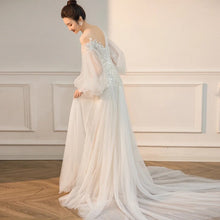 Load image into Gallery viewer, Lace Up Wedding Dress Simple Lantern Sleeve Lace Applique Bridal Dress

