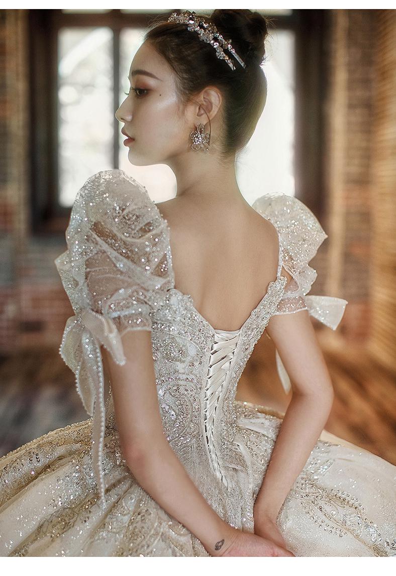 Luxury Beading Lace Wedding Dress 2023 V Neck Puff Sleeve Princess Wedding Gown With Big Sweep Train Plus Size Wedding Dress