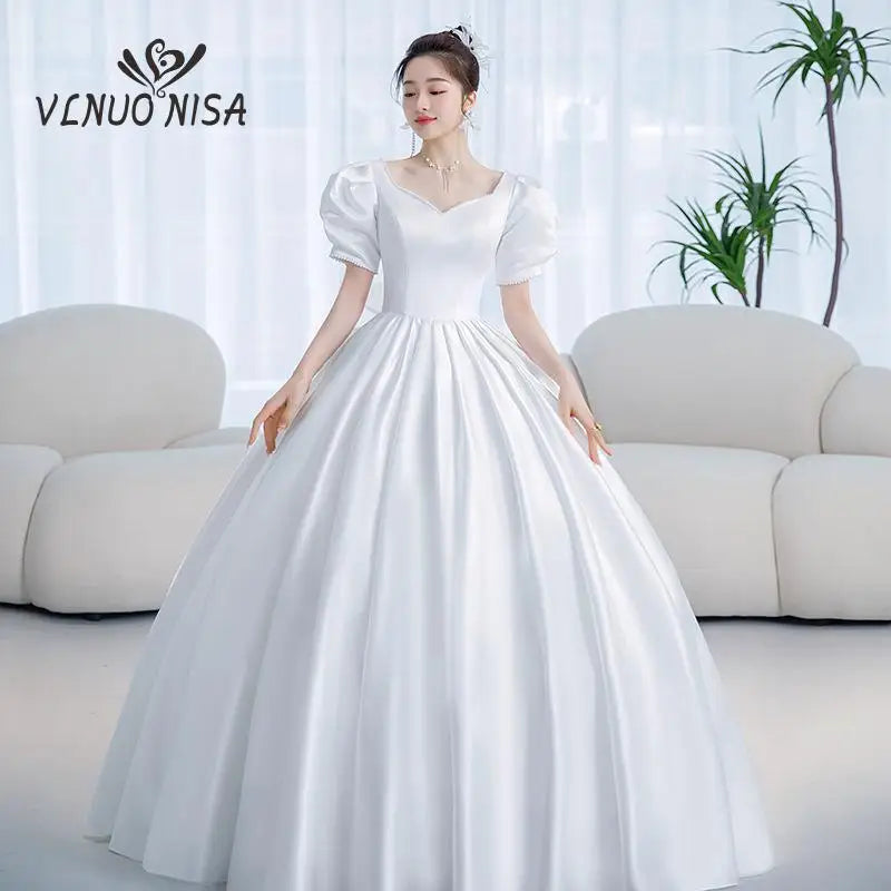 Satin Wedding Dress Sweetheart Short Sleeves Elegant Bride Ball Gown Custom Plus Size