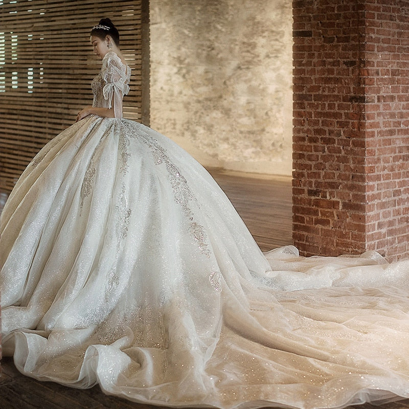 Luxury Beading Lace Wedding Dress 2023 V Neck Puff Sleeve Princess Wedding Gown With Big Sweep Train Plus Size Wedding Dress