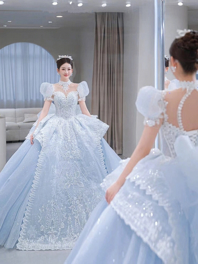 Snow Blue Princess Luxury Wedding Dress 2023 New O-neck Sexy Lace Up Applique Bridal Ball Gown Sweep