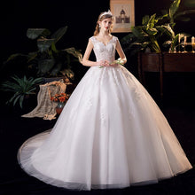 Load image into Gallery viewer, Lace V-neck Sweep Train Wedding Gowns Sleeveless Embroidery Bridal Dress
