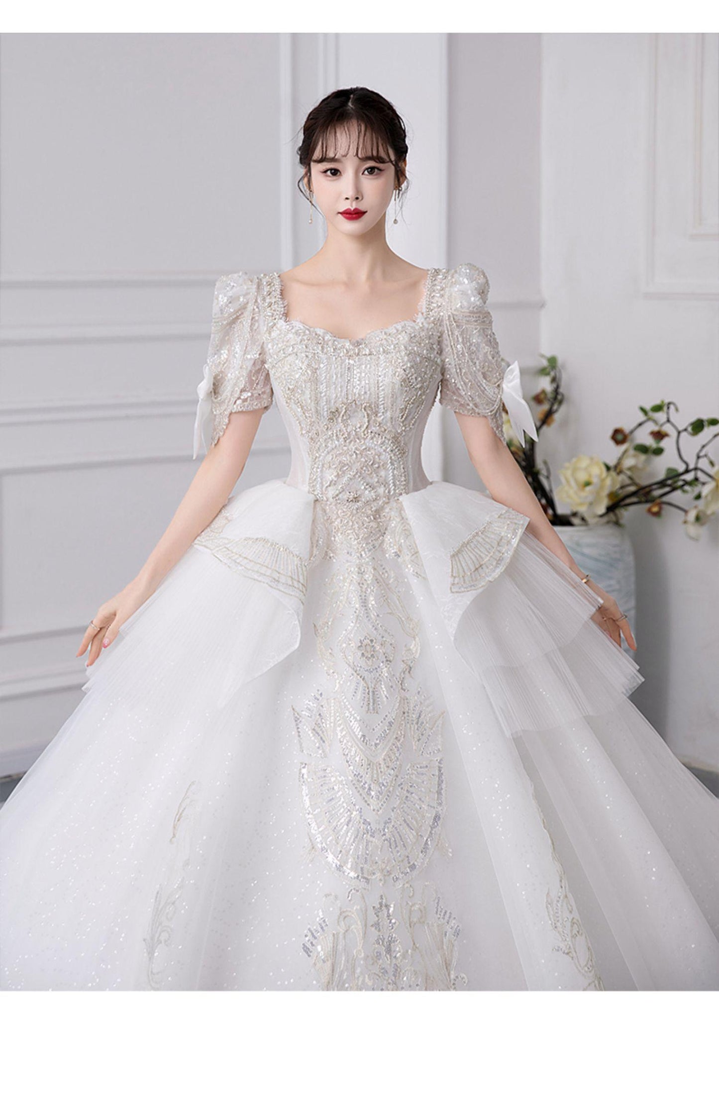 Luxury Short Sleeve With Bow Lace Up Bridal Ball Gown
