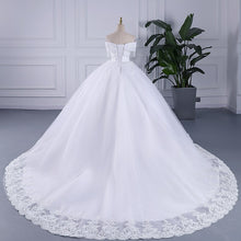 Load image into Gallery viewer, Luxury Tassel Long Train Wedding Gowns Sleeveless Lace Off The Shoulder Sweep Brush Train Lace Up Ball Gown Wedding Dresses

