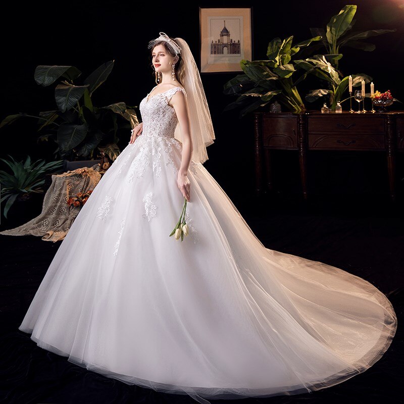 Lace V-neck Sweep Train Wedding Gowns Sleeveless Embroidery Bridal Dress