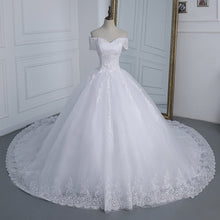 Load image into Gallery viewer, Off Shoulder Appliqes Pearls Long Train Bridal Gowns
