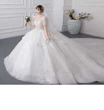 Load image into Gallery viewer, New Luxury 0-neck Wedding Dress Short Sleeve Lace Applique Bridal Dress Ball Gown Vestido De Noiva Plus Size Made Custom

