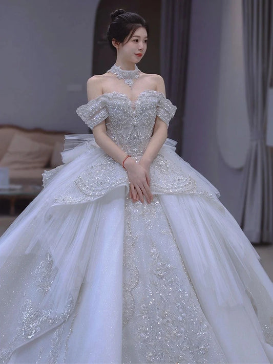 Off The Shoulder Handmade Appliques With Beading Princess Ball Gowns