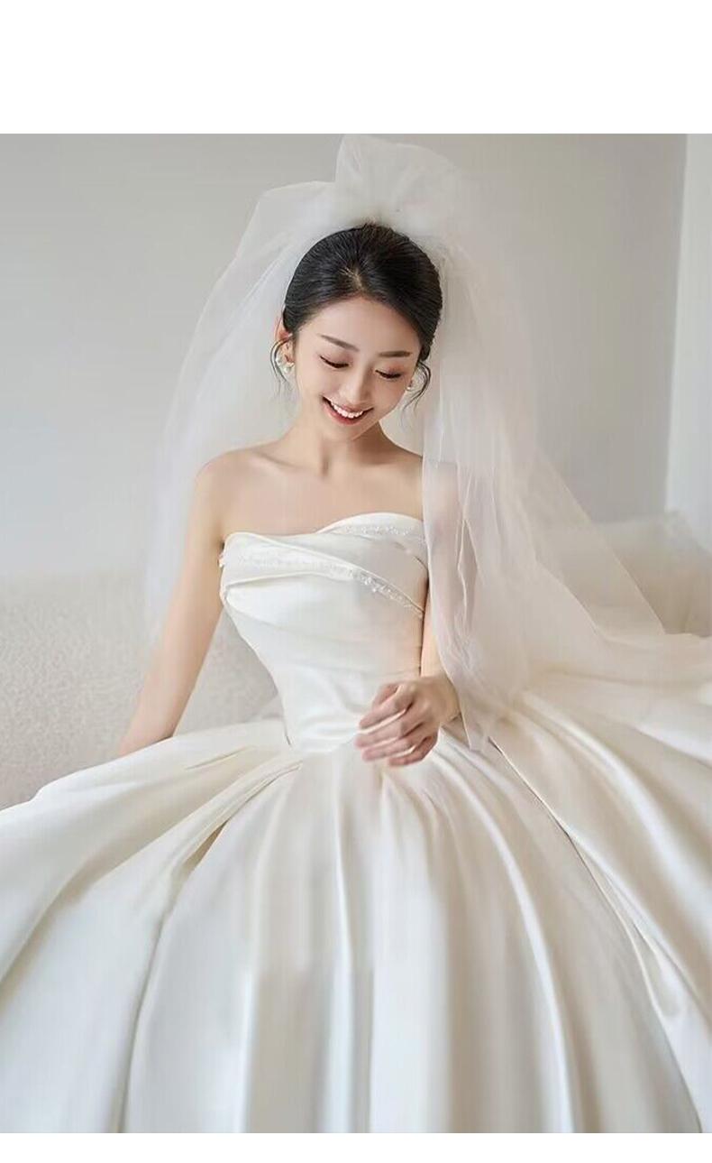 Simple Strapless Satin Wedding Dress Lace Up Train Princess