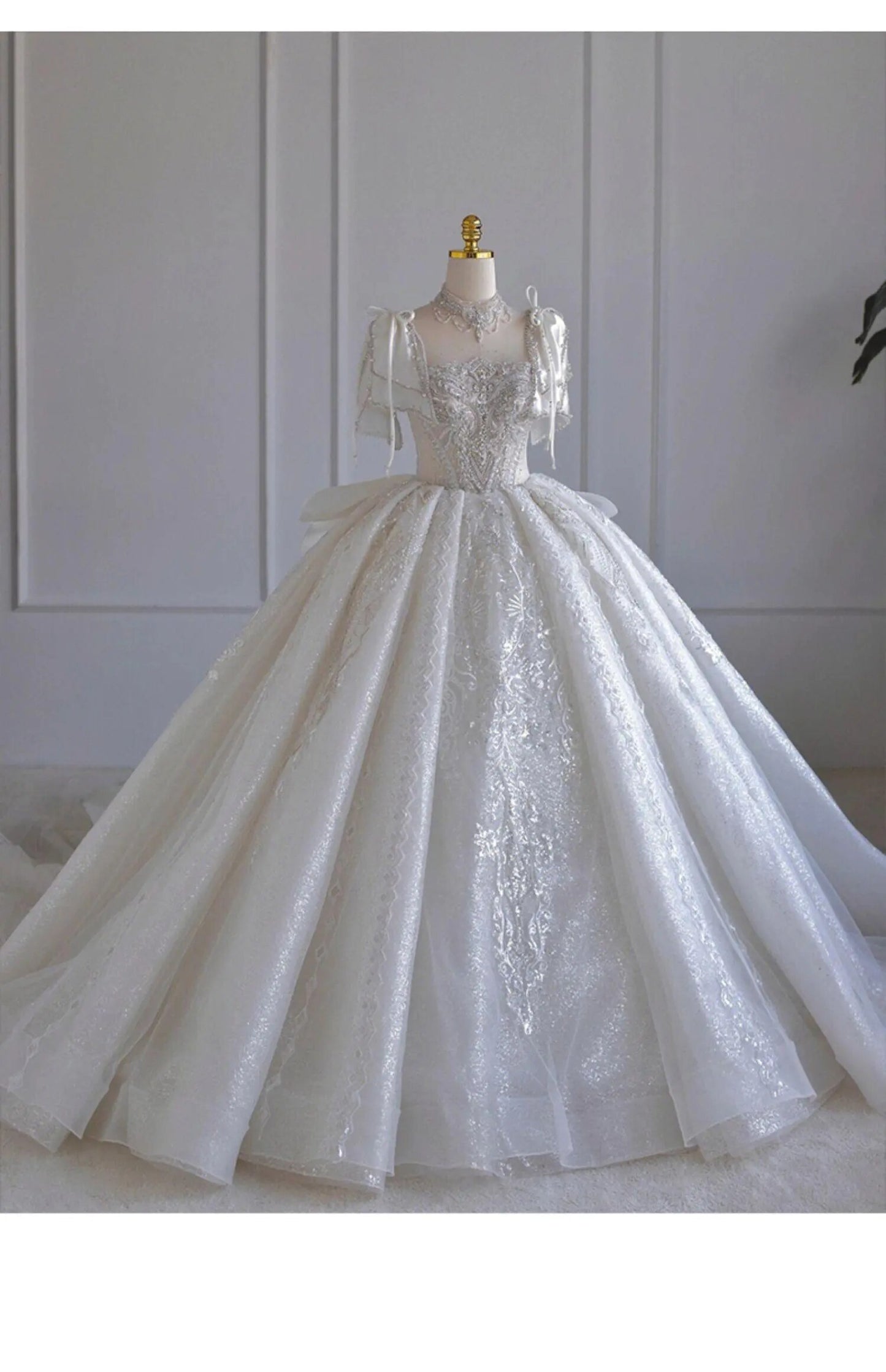Boat Neck With Pearl Lace Up Bridal Short Sleeve Glittery Flower Satin Wedding Dress