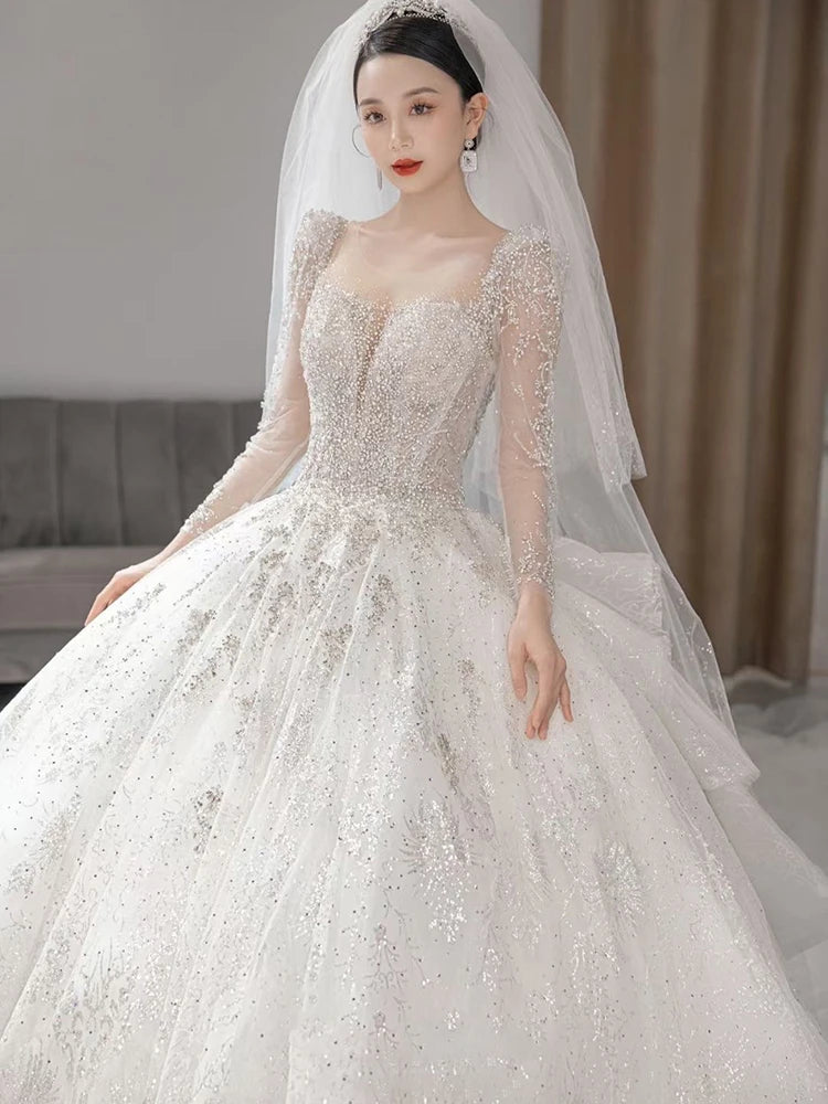 Boat Neck Full Sleeve Lace Applique Bridal Dress Sweep Train