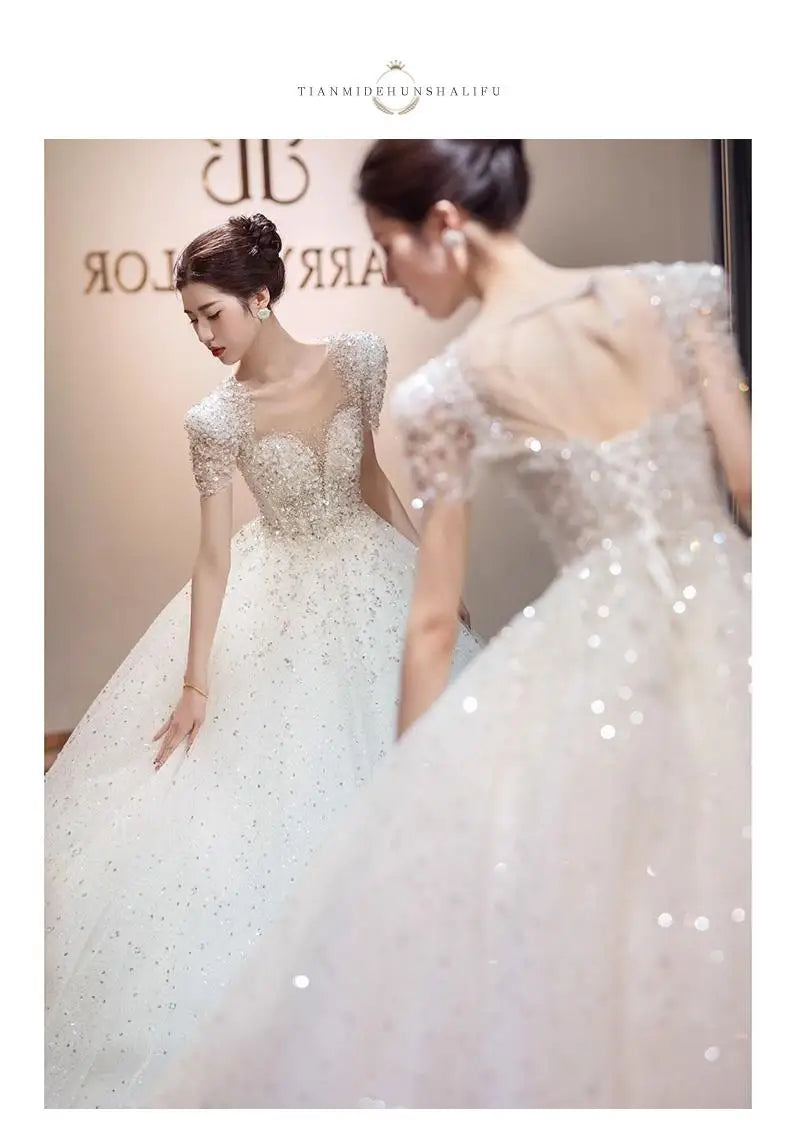 Ball Gown Royal Sweetheart Short Sleeve Lace Beaded Glitter