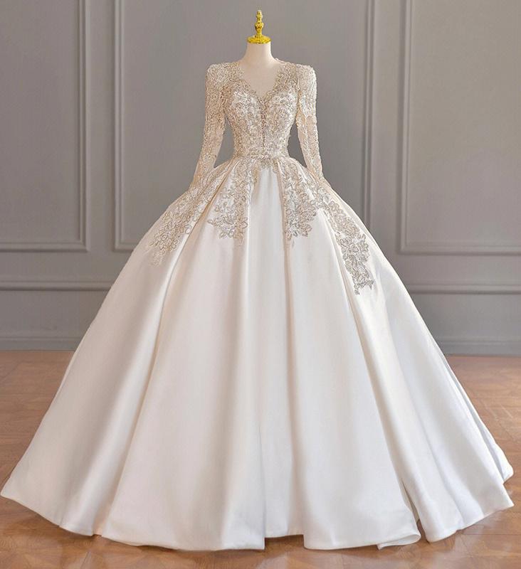 Satin Wedding Dresses Full Sleeve V-neck Sweep Train Lace Up Ball Gown